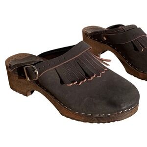 Womens Brown Leather Fringed Clogs Wooden Platform Buckle Strap Shoes Size 38